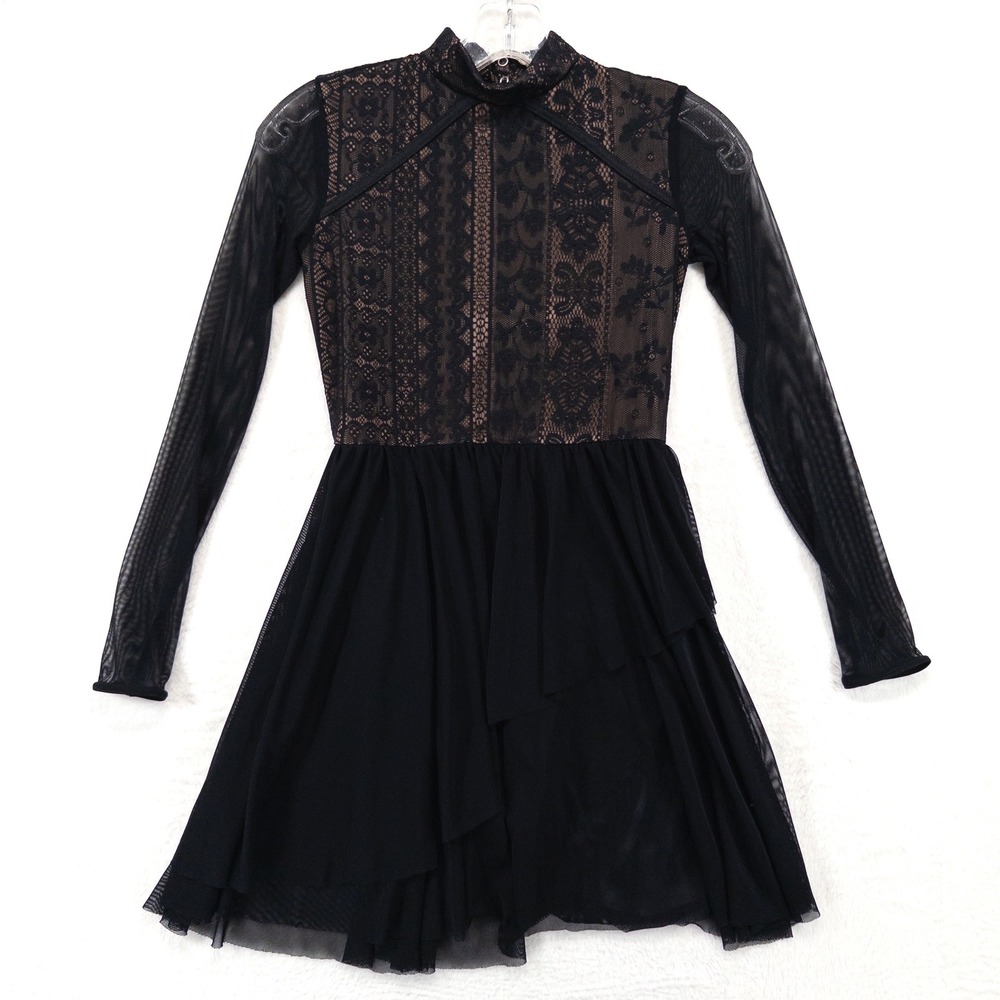 Weissman Girls Dance Costume Dress LC Black Lace Mesh Long Sleeve Mock Neck